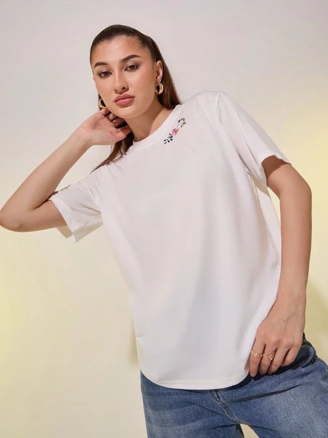 Take Two Take Two Round Neck Embroidered Detail T-Shirt
